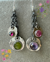 Load image into Gallery viewer, Earrings Dangle, Asymmetrical Gemstones, Fine Silver Handmade