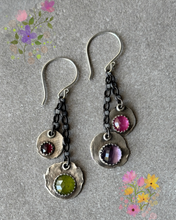 Load image into Gallery viewer, Earrings Dangle, Asymmetrical Gemstones, Fine Silver Handmade