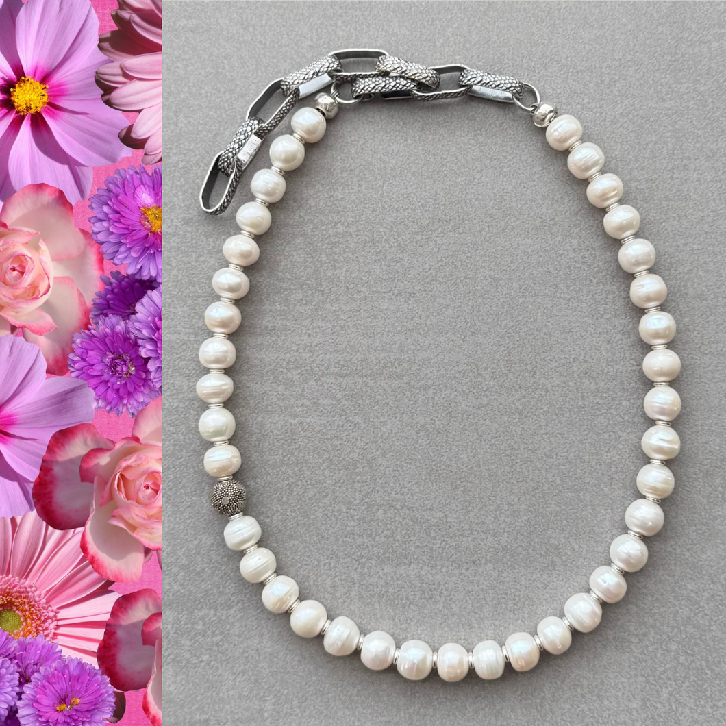 Artisan Potato Pearl Necklace, Handmade Sterling Silver Links
