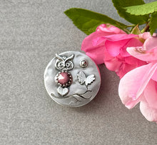Load image into Gallery viewer, Owl Button, Sterling Silver, Rhodochrosite Gemstone Button
