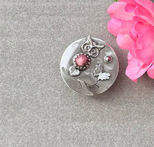 Load image into Gallery viewer, Owl Button, Sterling Silver, Rhodochrosite Gemstone Button
