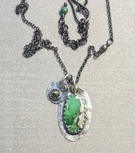 Load image into Gallery viewer, Variscite and Pyrite Gemstone Necklace on Oxidized Sterling Silver Chain
