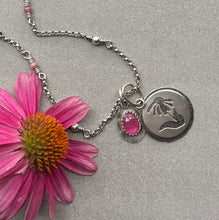 Load image into Gallery viewer, Vivid Pink Sapphire, and a hand pierced Cone Flower hanging together on Beaded Sterling Chain
