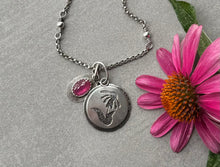 Load image into Gallery viewer, Vivid Pink Sapphire, and a hand pierced Cone Flower hanging together on Beaded Sterling Chain
