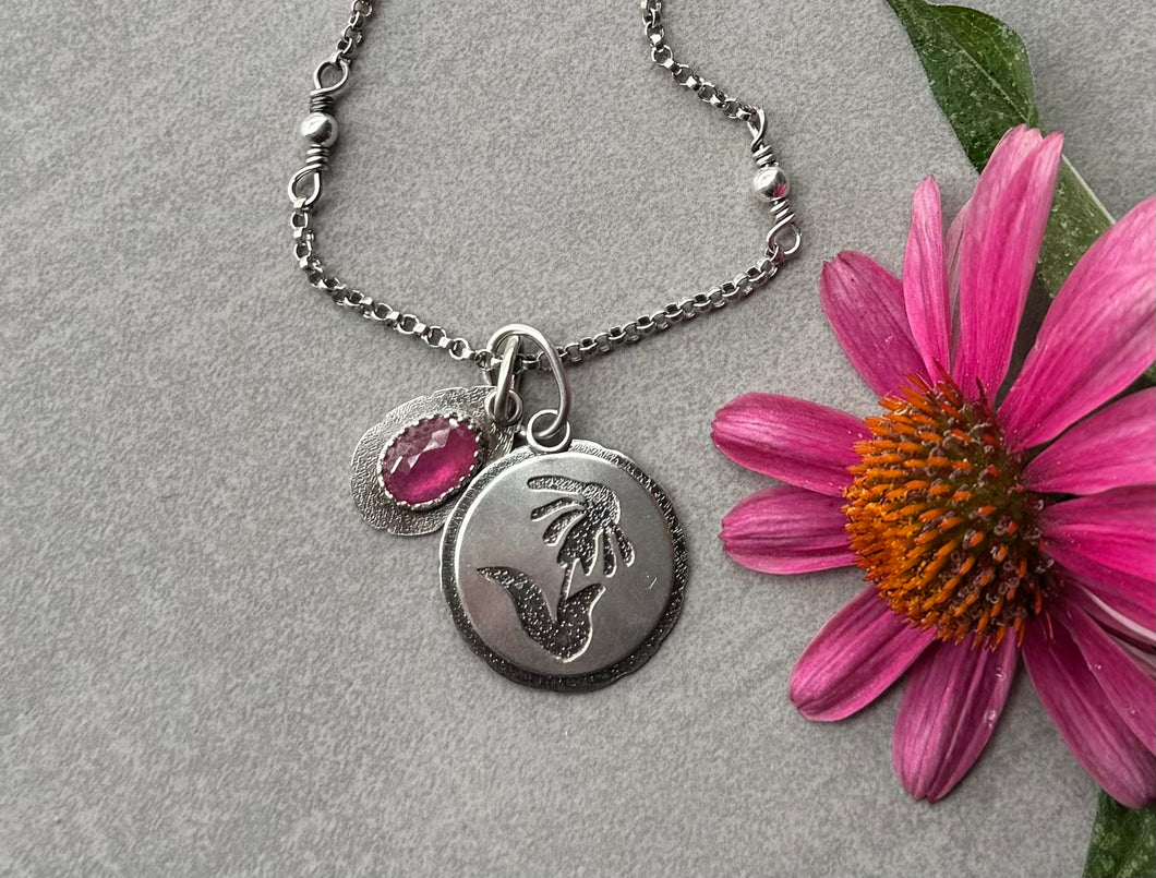 Vivid Pink Sapphire, and a hand pierced Cone Flower hanging together on Beaded Sterling Chain