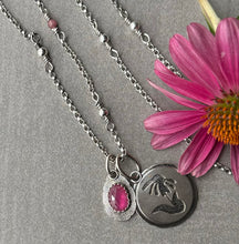 Load image into Gallery viewer, Vivid Pink Sapphire, and a hand pierced Cone Flower hanging together on Beaded Sterling Chain
