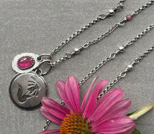 Load image into Gallery viewer, Vivid Pink Sapphire, and a hand pierced Cone Flower hanging together on Beaded Sterling Chain
