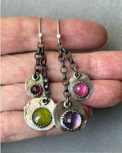 Load image into Gallery viewer, Earrings Dangle, Asymmetrical Gemstones, Fine Silver Handmade
