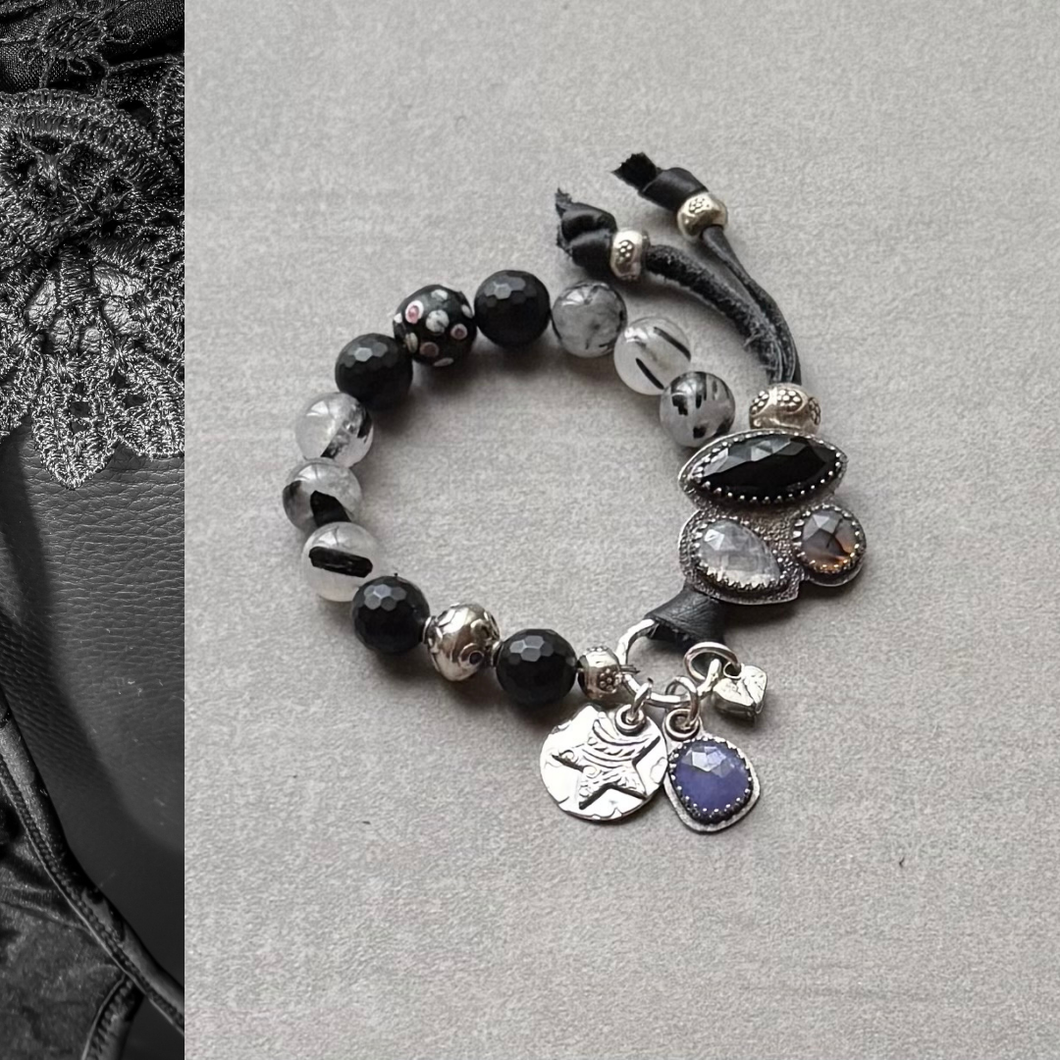 Artisan Bracelet, Tourmalinated Quartz Gemstone Beads, Handmade Button, Bracelet