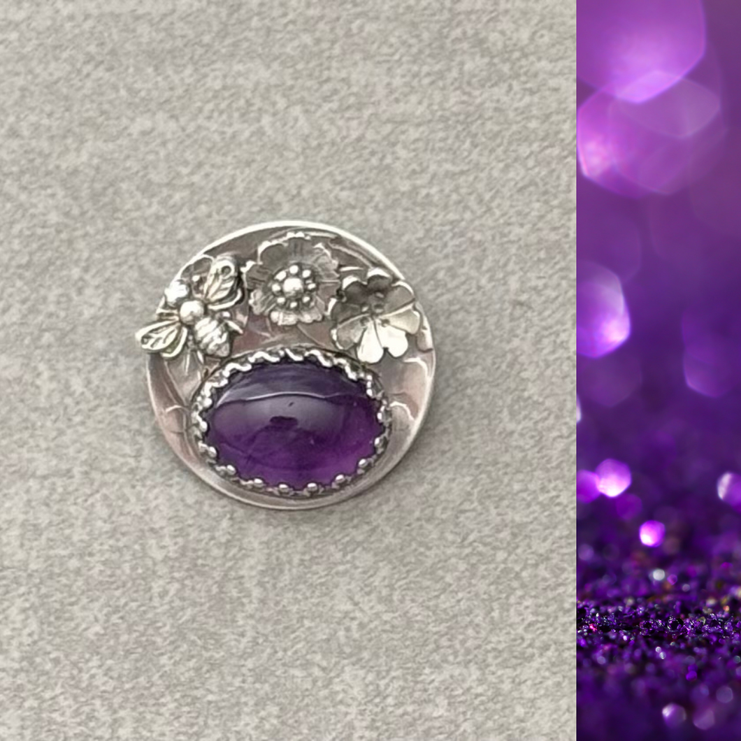 RESERVED for Carol - Artisan Bee Flower Button, Amethyst Gemstone, Sterling Silver